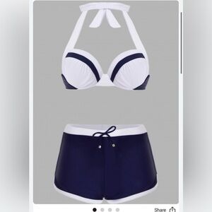 Women's Navy and White Halter Bikini Set New